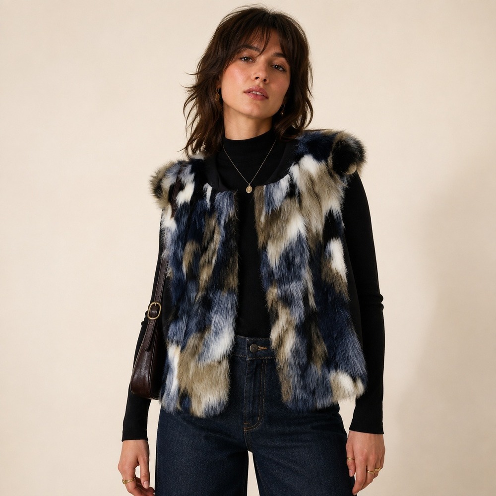 Cabi Faux Fur Vest S Blue Black Patchwork Boho Artsy Statement 3380